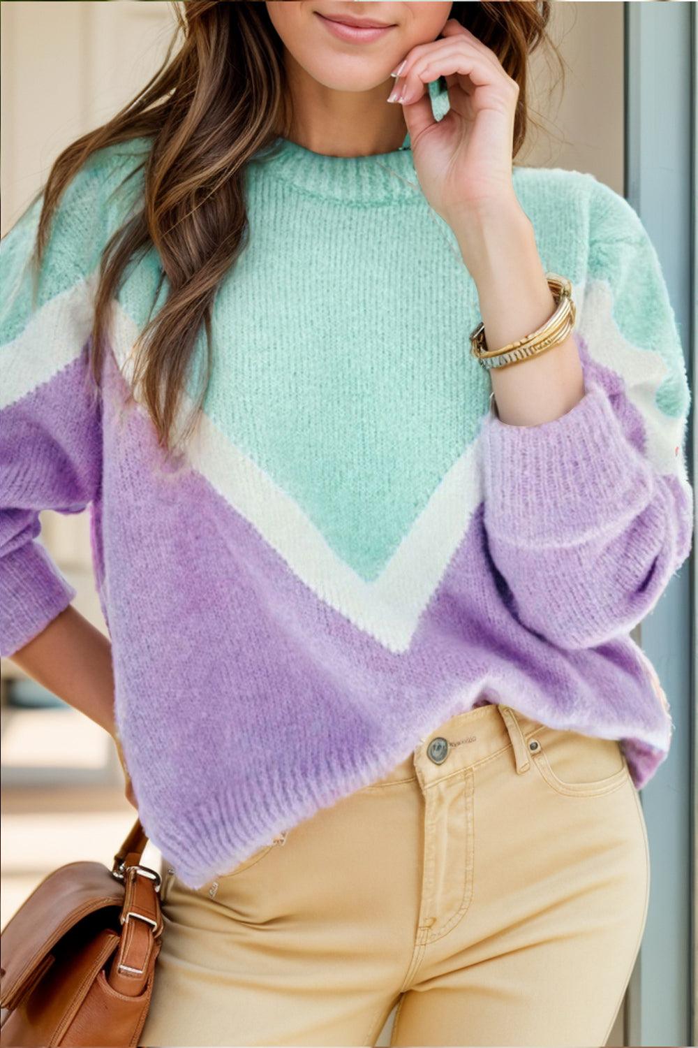Contrast Sweater Round Neck Dropped Shoulder Long Sleeve Knitwear Lavender 73ae2040-8cee-4460-8b5f-d7d07018bfde-Max Trendsi