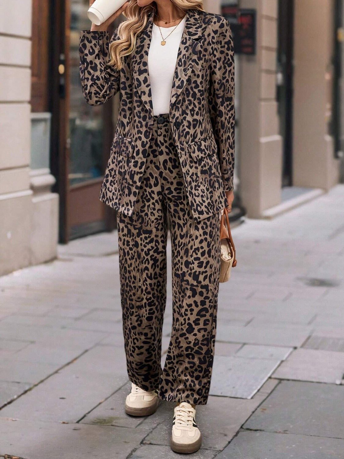 Leopard Lapel Outfit Suit Set Collar Long Sleeve Blazer and Pants Set 2 Pcs