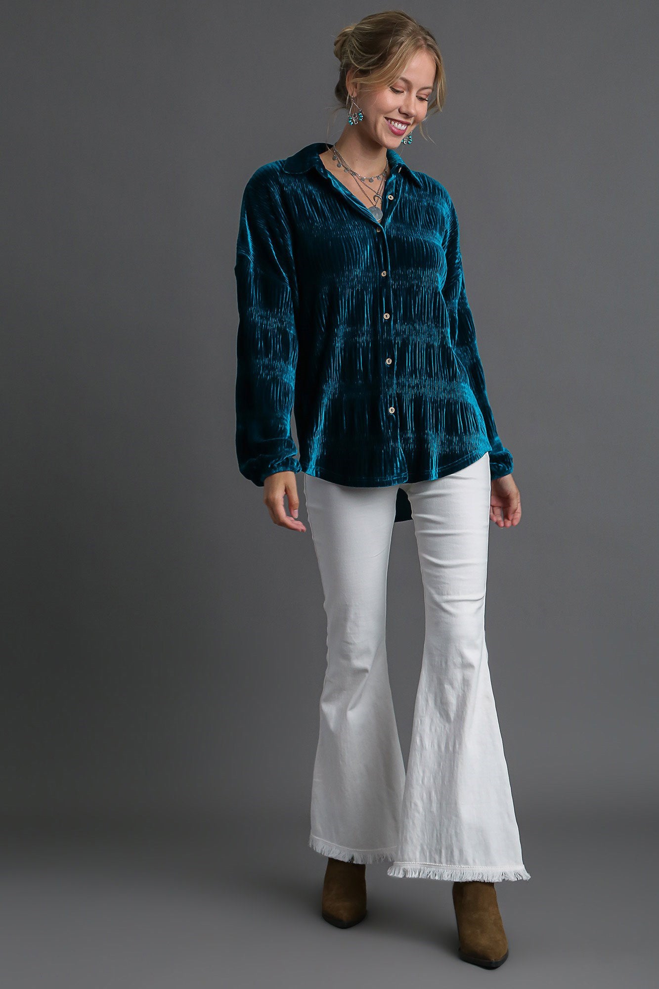 Umgee USA Women Teal Button Up Shirt Ruched Tiered Long Sleeve