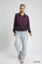 Umgee Women's Sweatshirt Plum Half Zip Collared Drop Shoulder Long Sleeve 73c188f3-4e9b-48b0-9c1d-d9b9fd1dfa47-Max-Origin Trendsi