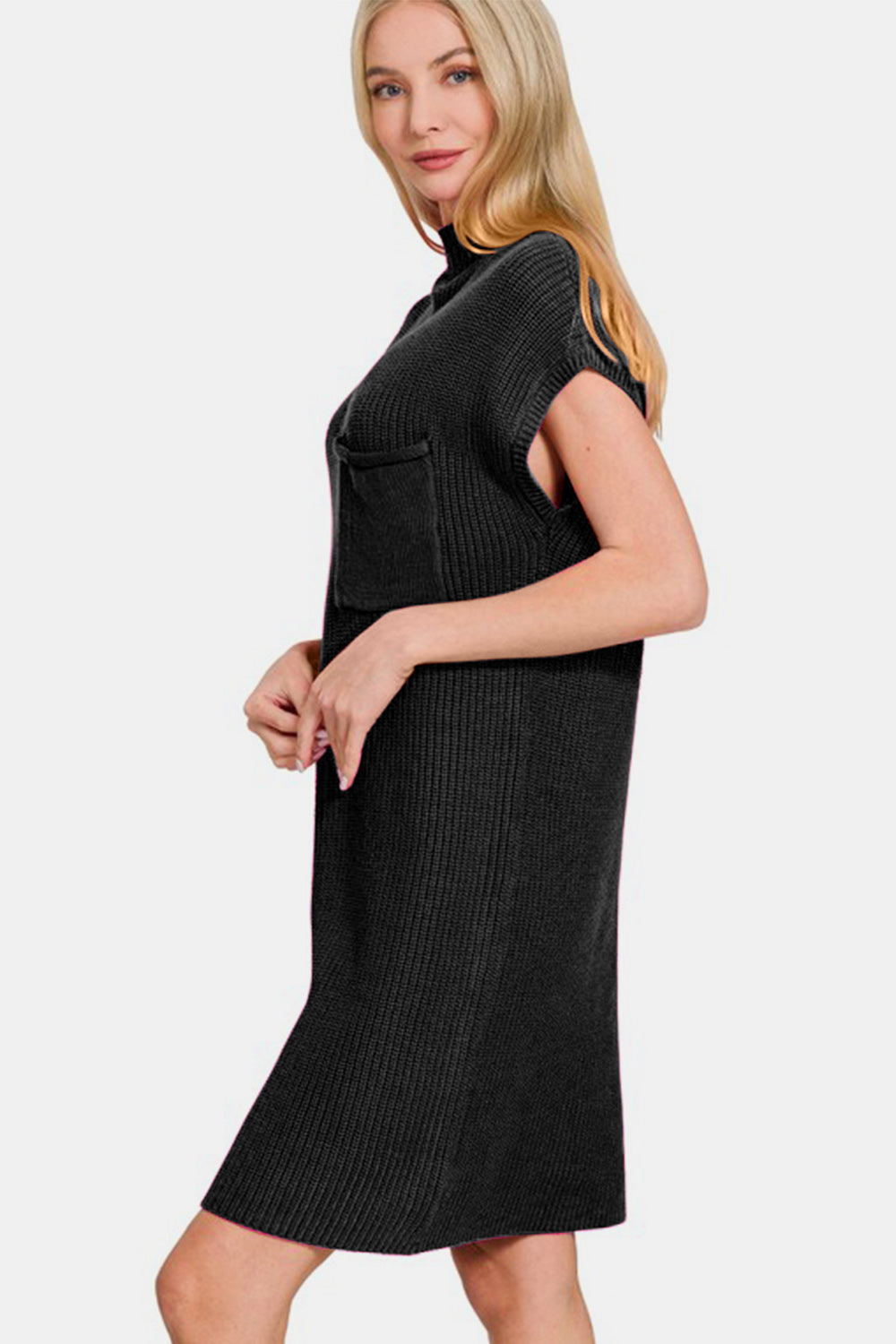 Zenana Sweater Mini Dress Knit Short Sleeve Black High Neck Patch Pocket