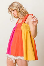BiBi Top Frill Shoulder Strap Color Block Bodice Babydoll Blouse Fuchsia Coral 73ce68b41afb43f39c0967f4056bd166-Max-Origin Trendsi
