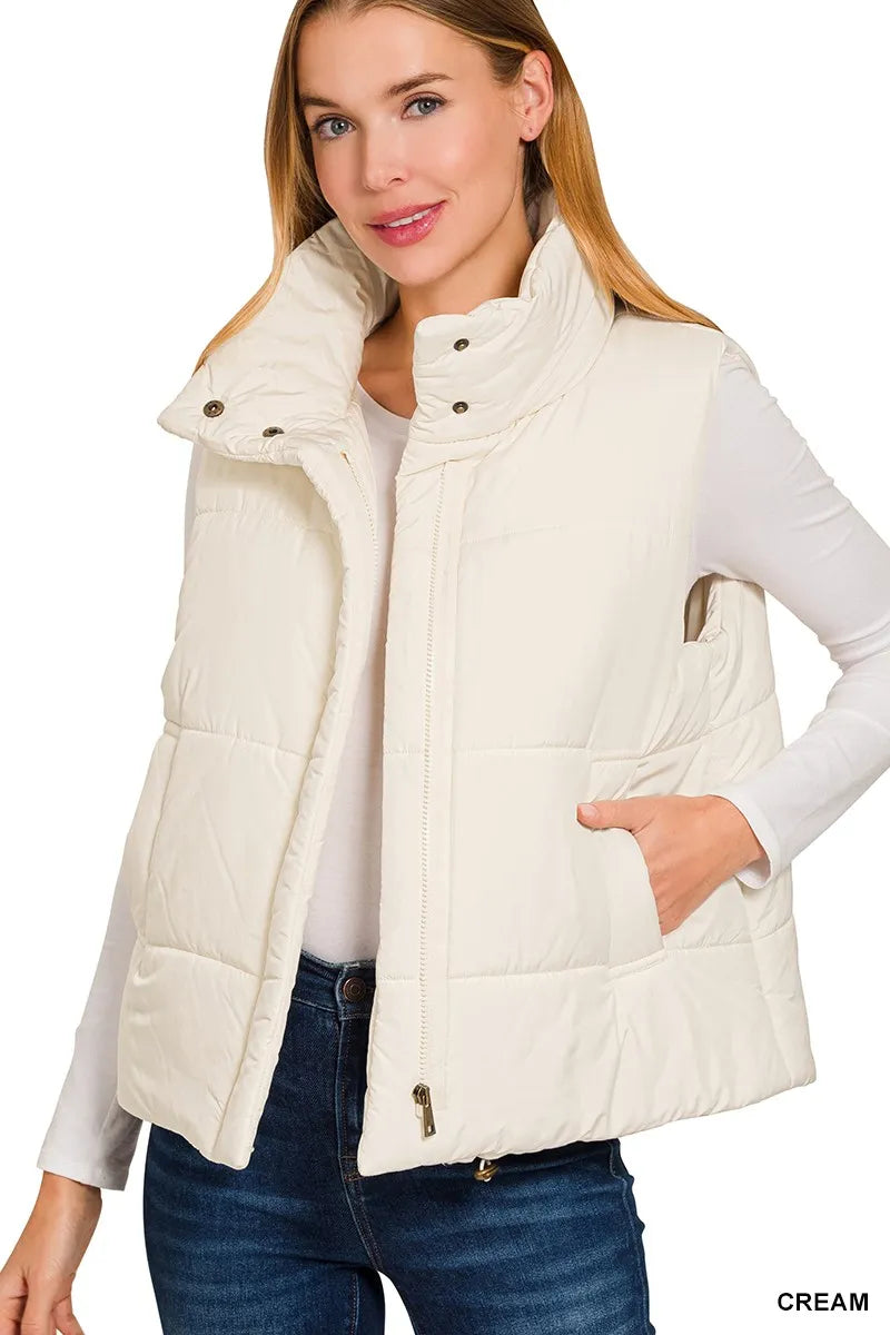 Zenana Vest Coat Cream High Neck Zip-Up Stylish Outerwear 73d12681906443949c9c45d6d1ff1eb3-Max-Origin Trendsi