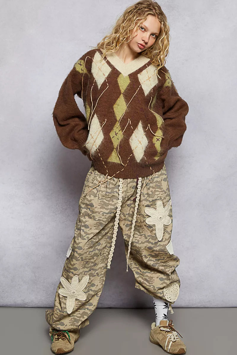 POL Sweater V-Neck Mocha Argyle Pattern Mohair with Contrast Exposed Stitch 73d20e80-f4f3-4111-85d6-fdf06dbe4bb3-Max-Origin Trendsi