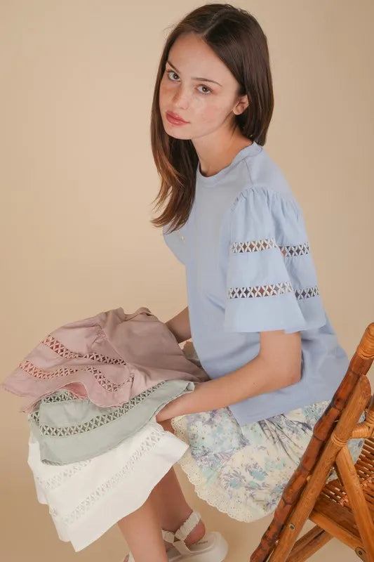 VERY J Top Ruffle Short Sleeve Lace Trim Sky Blue Blouse 73d56c10ed454896912b0035b391cf96-Max-Origin Trendsi