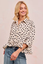BiBi Womens Blouse Off White Black Polka Dot Peplum Top with Front Button 73eae8acf8844da583a5b6b8b7b42ad0-Max-Origin Trendsi