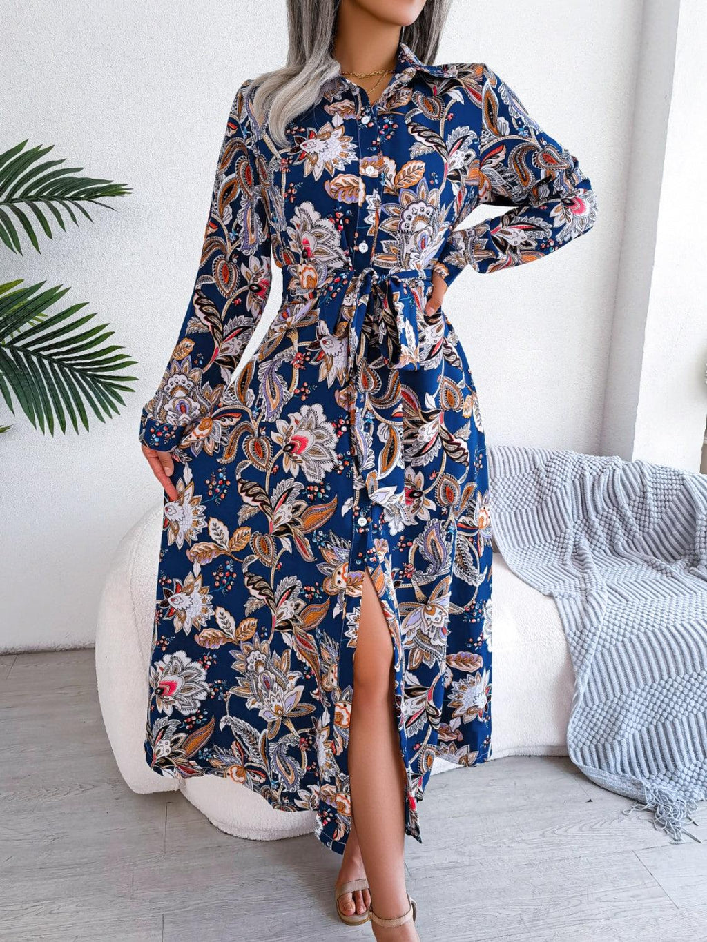 Midi Dress Floral Tied Printed Long Sleeve Shirt Dresses Royal Blue 73ebb09c-d3aa-468f-9ef1-3affef1a5171-Max Trendsi