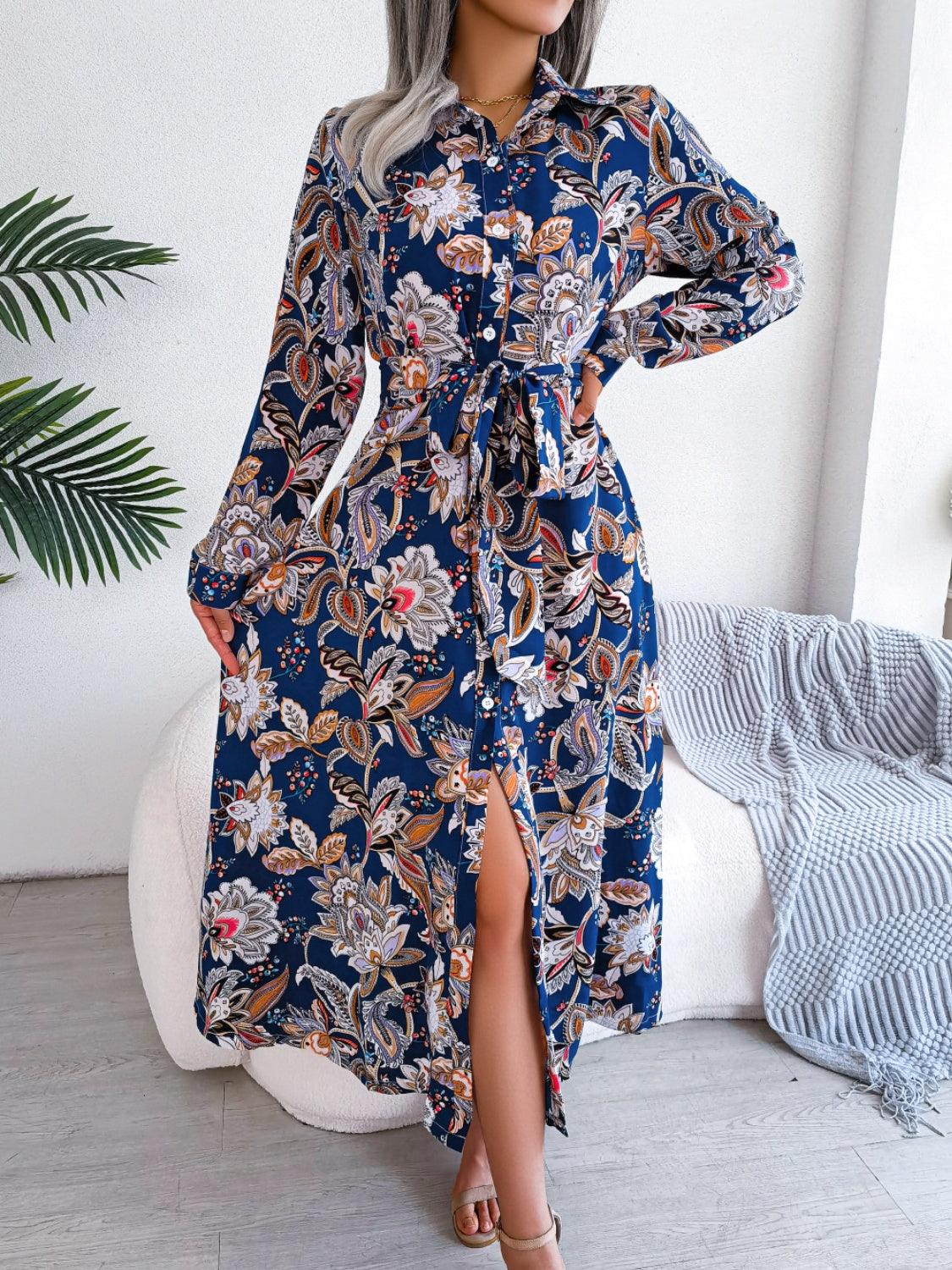 Midi Dress Floral Tied Printed Long Sleeve Shirt Dresses Royal Blue 73ebb09c-d3aa-468f-9ef1-3affef1a5171-Max Trendsi