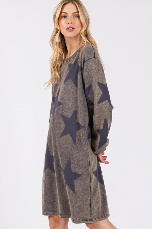 SAGE+FIG USA Dress Washed Star Print 100% cotton Round Neck Long Sleeve 73ef32d4-fdc0-4589-b9bd-1e27e77e0bff-Max Trendsi