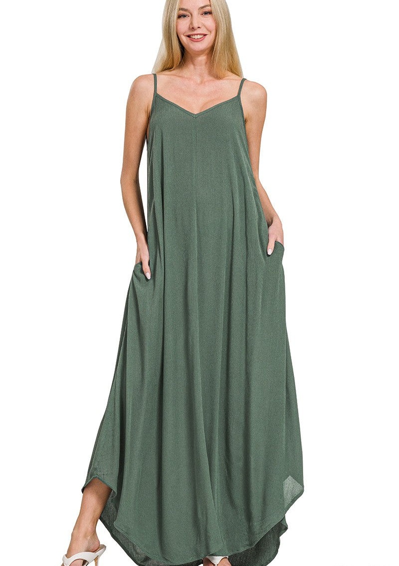 Zenana Woven Crinkle Cami Maxi Dress with Side Pockets