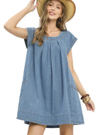 Umgee Stone Washed Denim Mini Dress with Pleated Bodice, Cap Sleeves, and Side Pockets