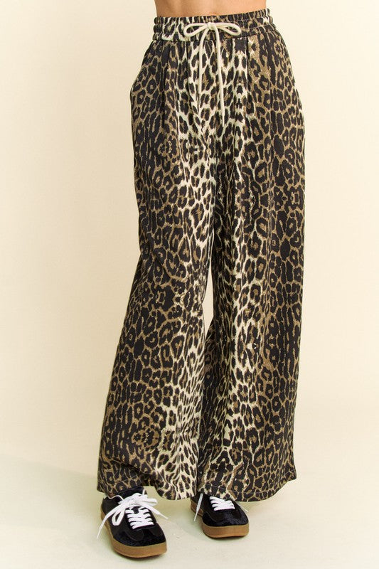 Davi & Dani USA Women Pants Leopard Wide Leg Elastic Waist Tied Pocketed