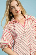 Umgee Womens Blouse Chevron Stripe Collared Relaxed Top Short Sleeve 740a8266-0441-4b9d-83e4-cfc61694be2a-Max-Origin Trendsi