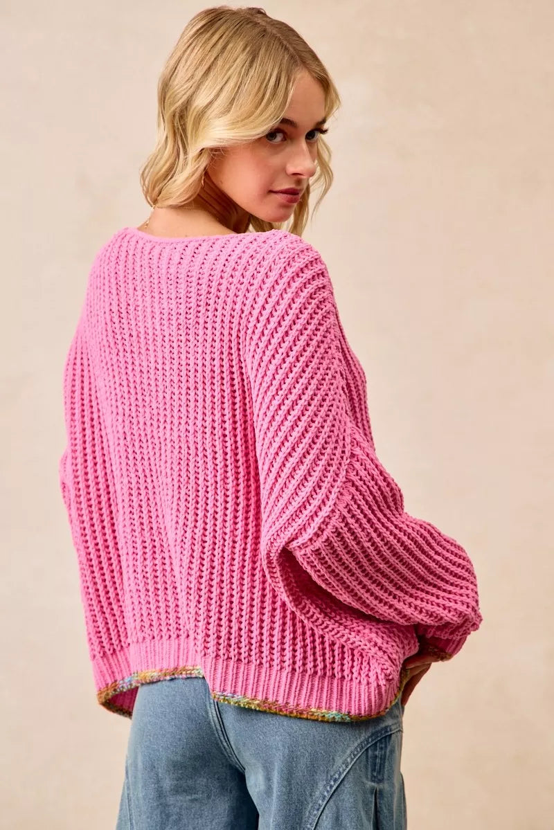 BiBi Womens V-Neck Sweater Pink with Colorful Trim 741ec712268843fdbf6f1f963bc56d6b-Max-Origin Trendsi