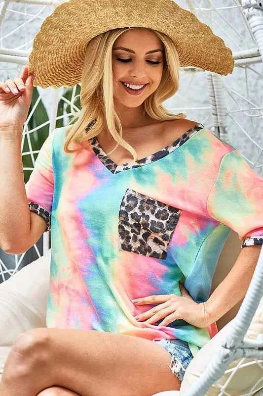 BiBi Women T-shirt Tie Dye Pastel Print V Neck Top With Front Patch Pocket 742aa68174db4a28aa9bb04dff424469-Max-Origin Trendsi