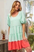 BiBi Two-Tone Balloon Sleeves U Neck Tiered Ruffle Hem Mini Dress