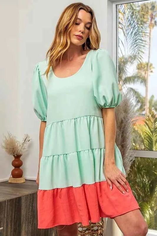 BiBi Two-Tone Balloon Sleeves U Neck Tiered Ruffle Hem Mini Dress