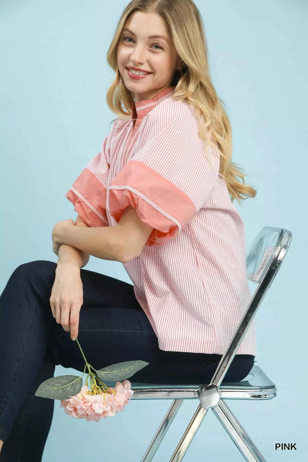 Umgee Blouse Pink Striped Mixed Puff Short Sleeve Top 7430ad2b-cec6-4acd-b541-b2bbe2b003d8-Max-Origin Trendsi