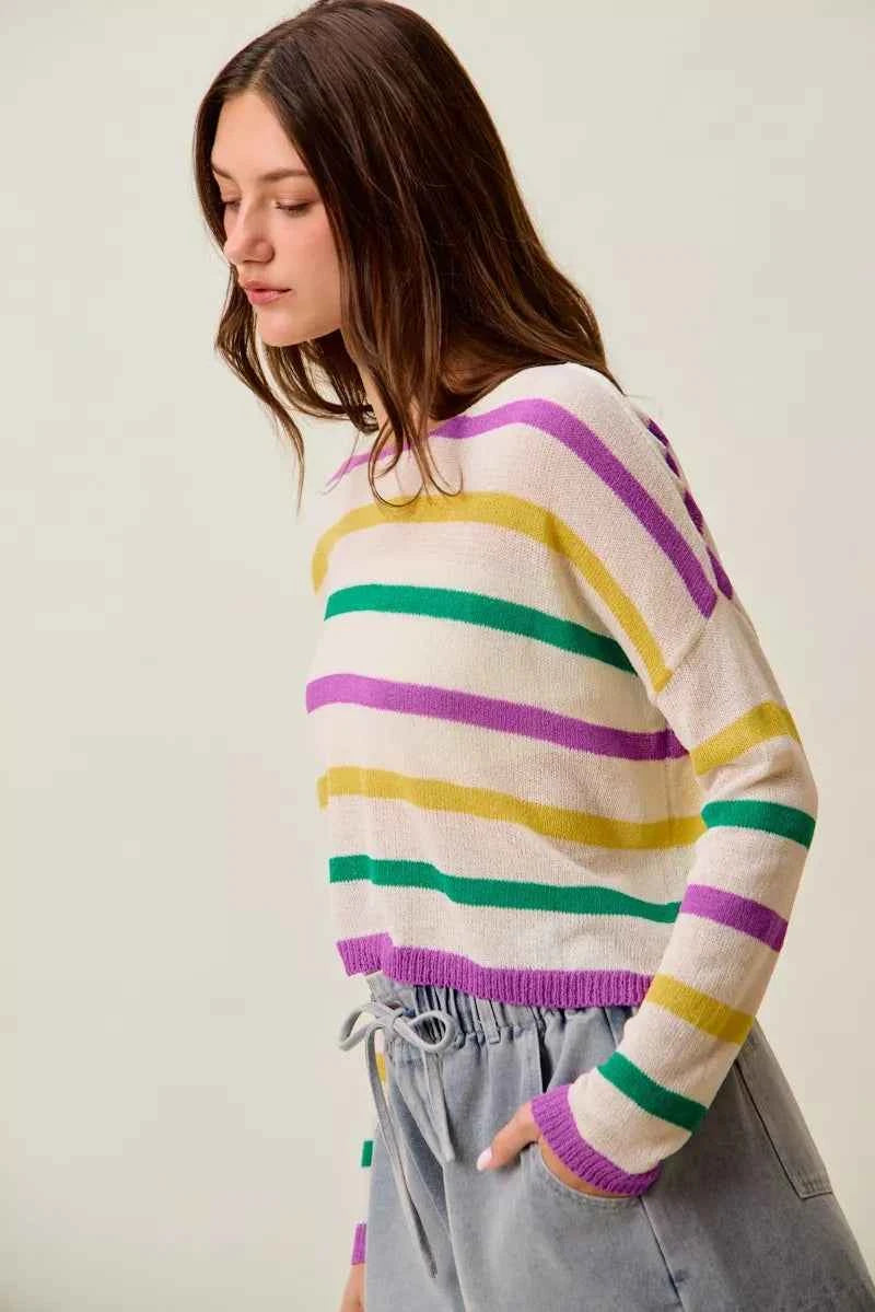 SO ME Mardi Gras Color Stripe Lightweight Sweater Top