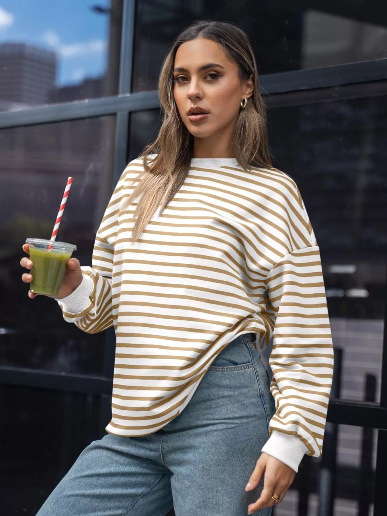 Women's Sweatshirt Striped Round Neck Oversized Casual Pullover 7446bf2f146f44d096ce42870238e509-Max-Origin Trendsi