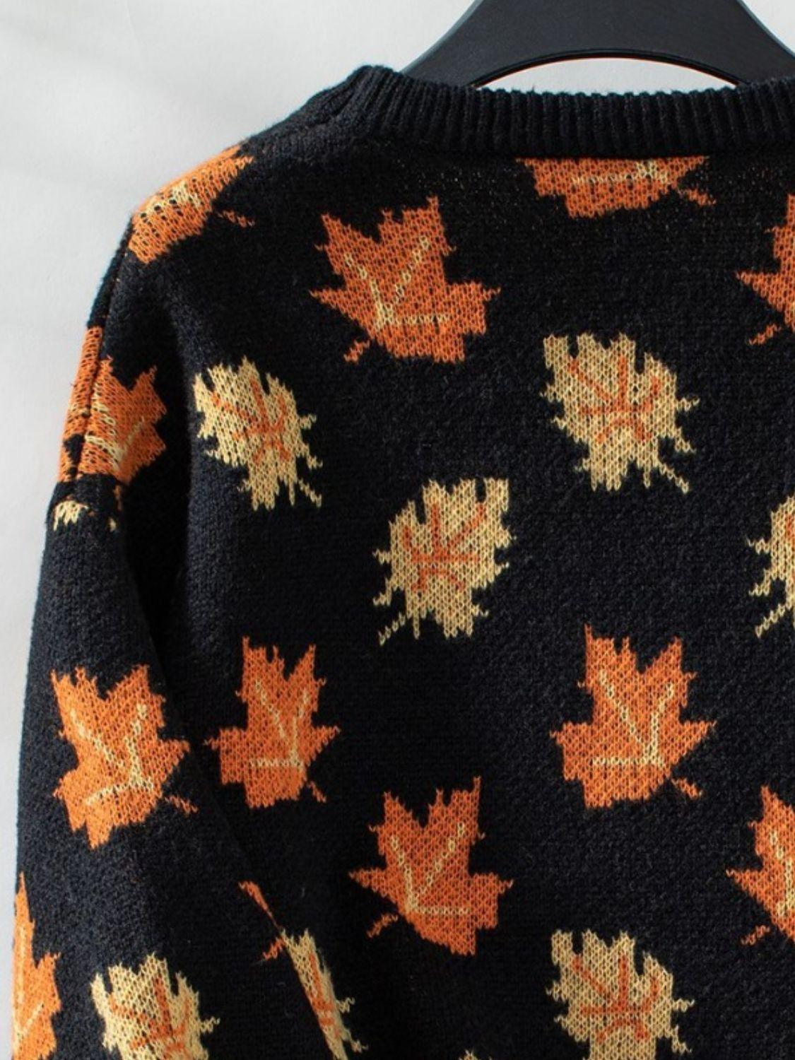 Maple Leaf Sweater Round Neck Long Sleeve Green Pullover 74505ab4-6a05-4285-99a1-7e11b3fa4fd8-Max Trendsi