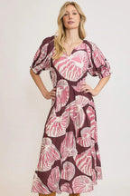 Umgee Midi Dress Mauve Leaf Printed Notched Puff Short Sleeve PLUM MAUVE 746451e4-2cdc-459b-875a-375adf45f027-Max-Origin Trendsi