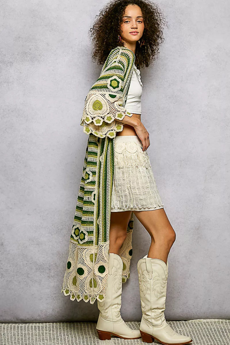 POL Crochet Longline Cardigan Green Multi Striped and Floral Pattern 7469db1c-20eb-49fa-9302-a5a69596d6c8-Max-Origin Trendsi