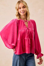BiBi Womens Blouse Christmas Theme Velvet Bow Tied Ruffled Top 746a9f4112034e1e98ca9ca93d5f94fd-Max-Origin Trendsi
