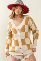 BiBi Cardigan Knit Ivory Camel Checked V-neck Long Sleeve Sweater 7470e34196df406f8ef9dde209cc9c07-Max-Origin Trendsi