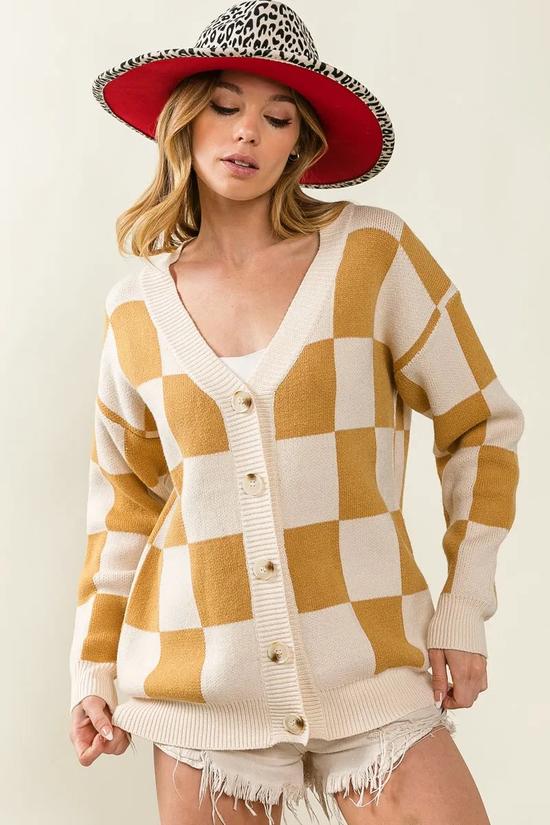 BiBi Cardigan Knit Ivory Camel Checked V-neck Long Sleeve Sweater 7470e34196df406f8ef9dde209cc9c07-Max-Origin Trendsi