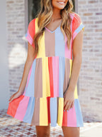 Color Block V-Neck Dress with Ruffles, Slight Stretch, and Cotton-Spandex Blend