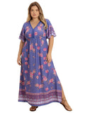Plus Size V-Neck Dress with Printed Flutter Sleeves