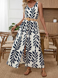 Leaf Print Sleeveless Slit Dress