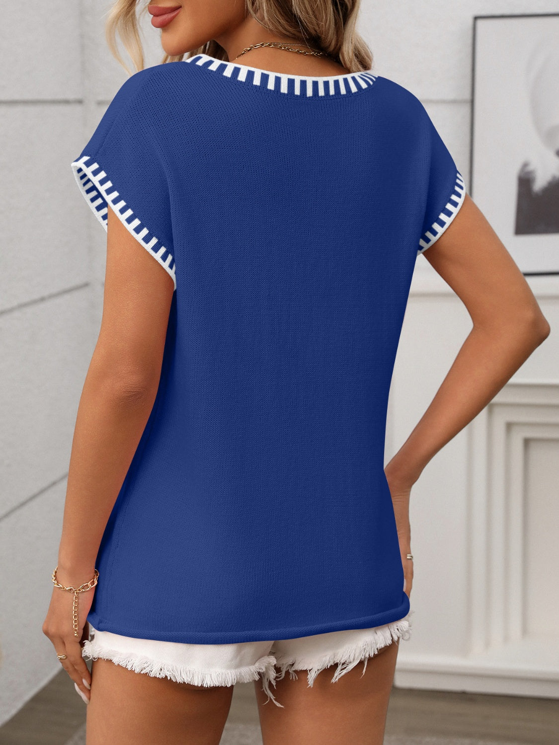 Women's Pullover Short Cap Sleeve Knit Top Contrast Stitch Trim V-Neck 747d04e3-1adf-452b-8c3a-3ec68742f8ed-Max Trendsi