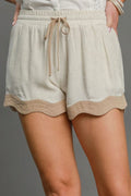 Umgee Shorts Linen Blend Oatmeal Solid Color Blocked Scalloped Hem OATMEAL 747e547e-75f4-4ae0-9b1c-b188741d465b-Max Trendsi