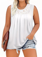 Plus Size Round Neck Tank with Lace Trim