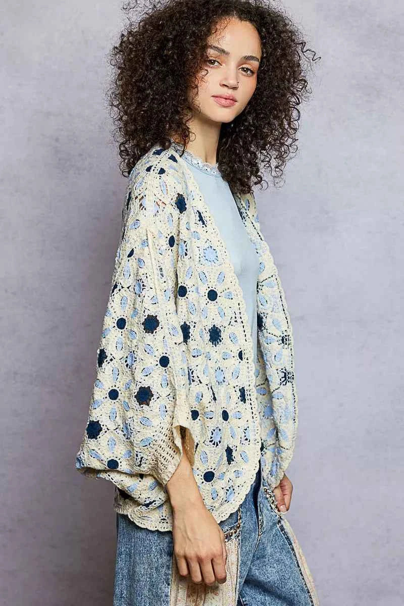 POL Crochet Cardigan Blue Multi Open Front Floral Pattern 7488fe2e-b20e-4da8-9c05-d27cf2f8e288-Max-Origin Trendsi