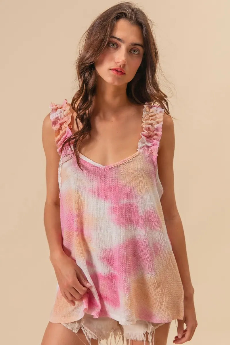 BiBi Tie Dye Top Printed Textured Woven with Ruffled Wide Straps PEACH PINK 748c9be769964d09a401f626645f0e5c-Max-Origin Trendsi