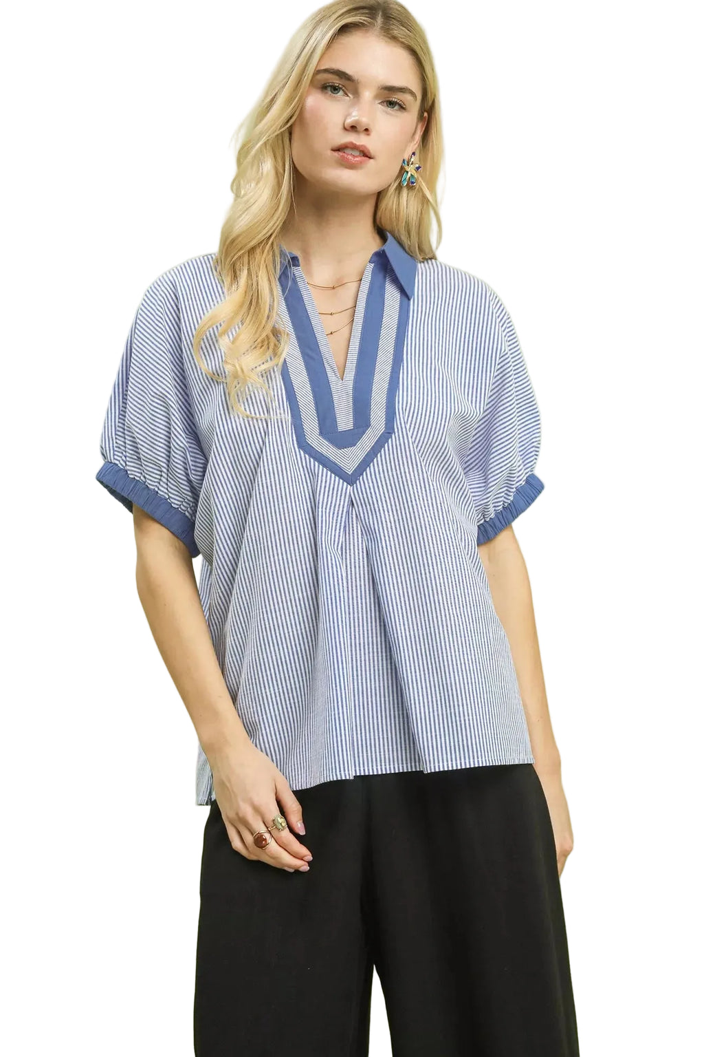 Umgee Contrast Trim Popover Stripe Top