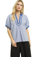Umgee Contrast Trim Popover Stripe Top