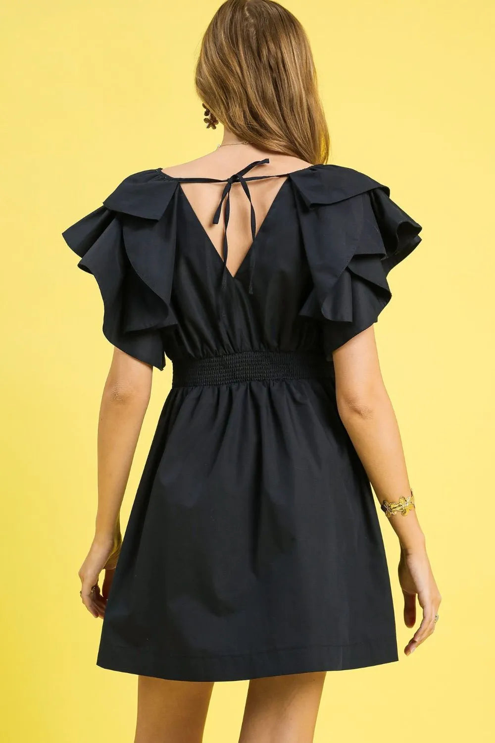 Umgee Black Short Dress Double Ruffle Sleeve Fit and Flare Back Tied 749a6147-cb74-4081-aca4-10418d161037-Max-Origin Trendsi