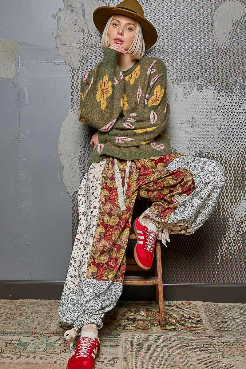 POL Womens Sweater Olive Floral Pattern Round Neck Balloon Sleeve 74ad32e3-60a5-467e-be4f-4f1cdbcead3b-Max-Origin Trendsi