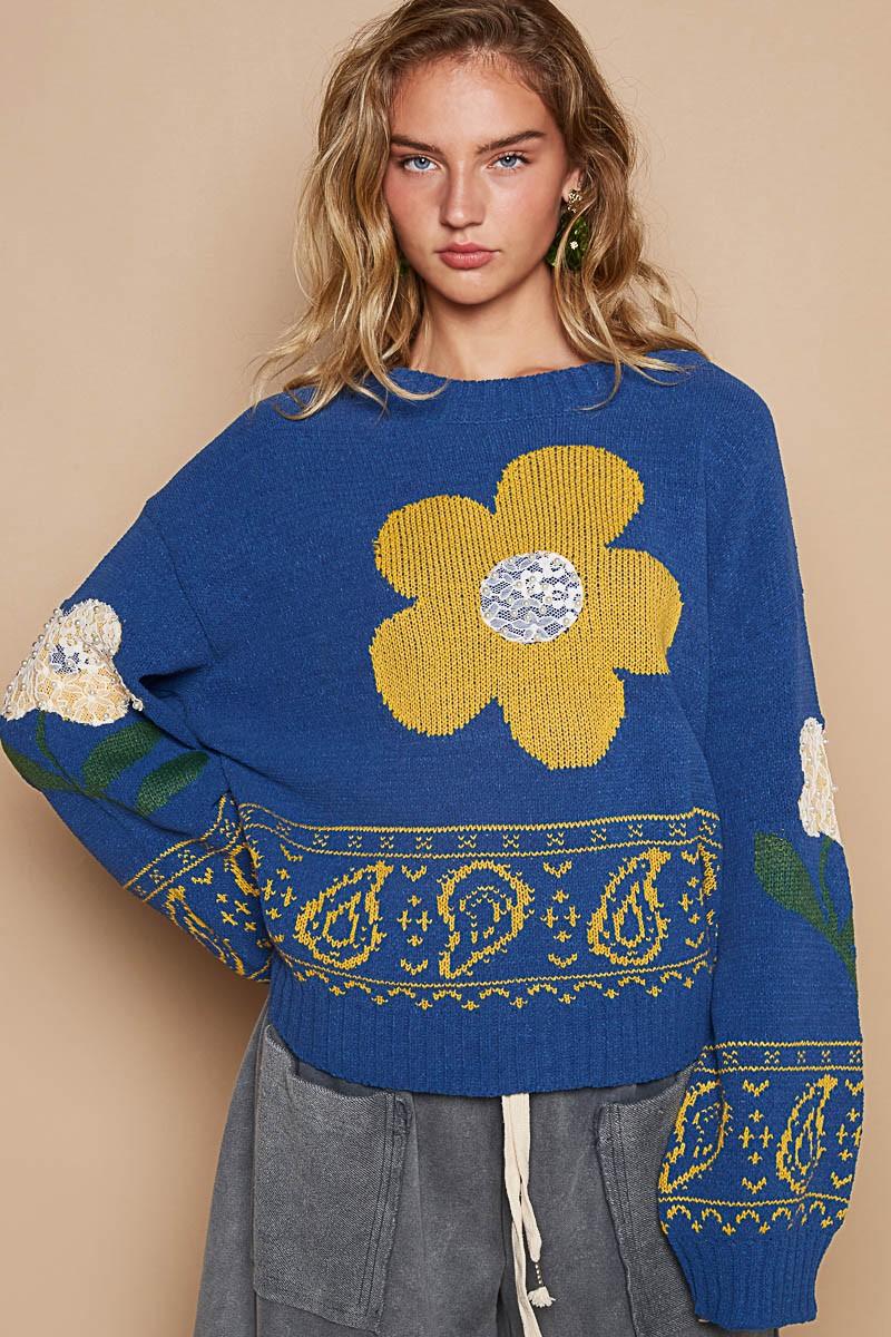 POL Blue Sweater Women Flower Lace Patch Long Sleeve Oversized Pullover