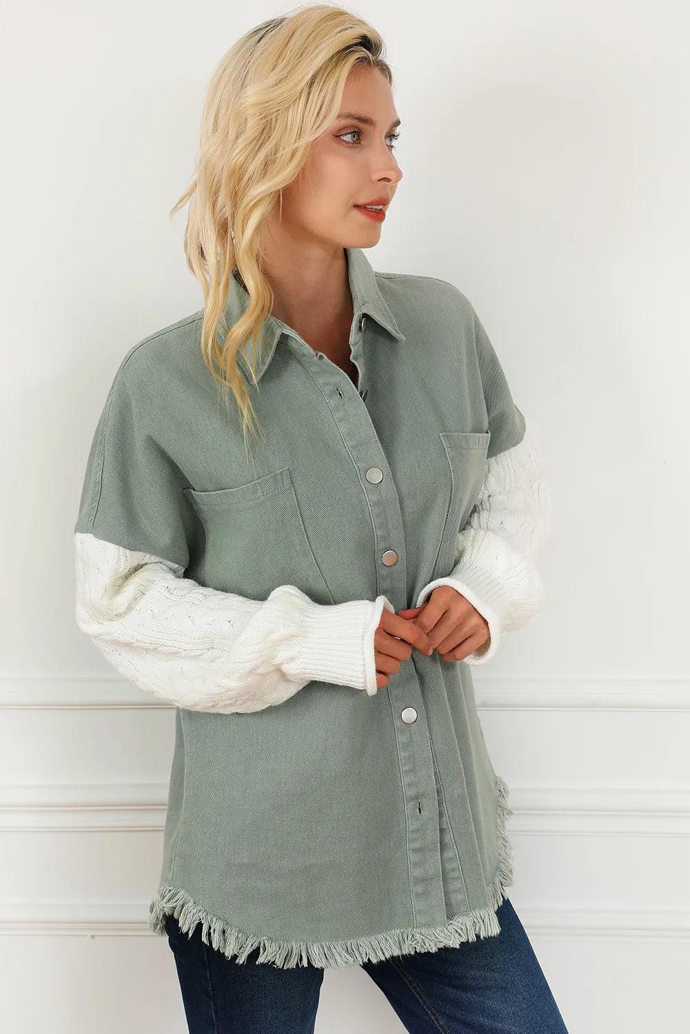 Raw Hem Jacket Cotton Collared Neck Button Up Long Knit Sleeve Outwear 74cb596d-9d66-4f5a-9fa1-881c8bb63d24-Max Trendsi