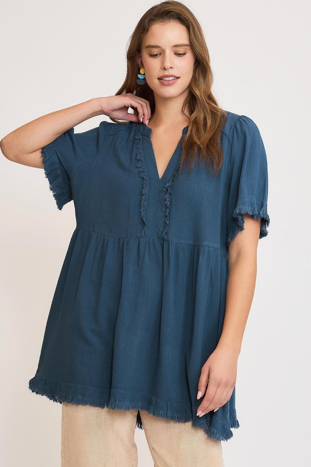 Umgee Linen Blouse Babydoll French Blue Raw Hem Notched Top French Blue 74cddf87-b1fe-4701-94ed-94b4dd1e9a56-Max Trendsi