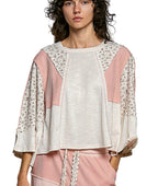 Polyester Floral Patchwork Round Neck Textured Slub Knit Top with Exposed Seams