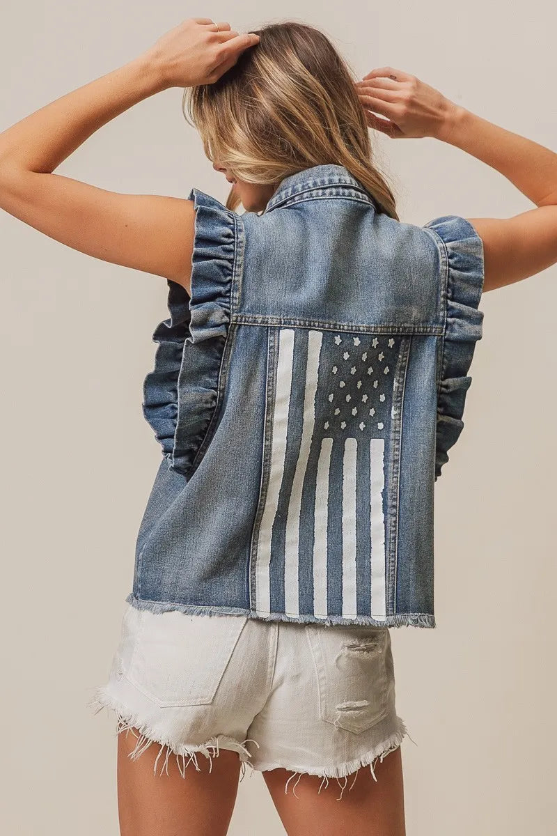 BiBi Denim Jacket American Flag Pockets Washed Ruffled Sleeves 74ce2b24-b609-4ad1-b2ff-d26becad9cdd-Max Trendsi