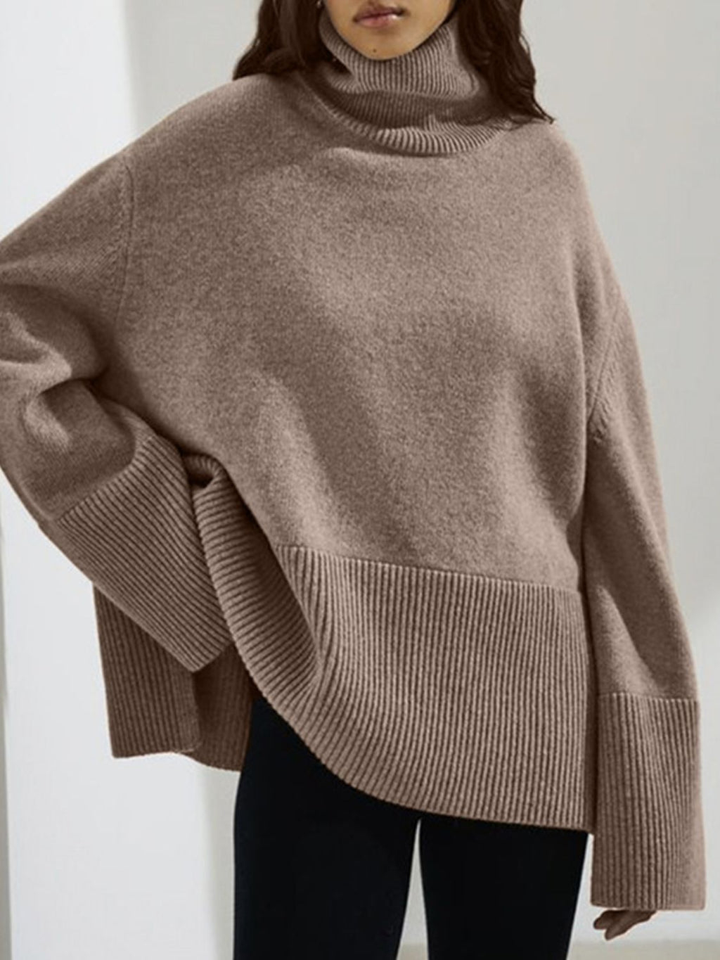 Women Sweater Side Slit Turtleneck Drop Shoulder Long Sleeve Soft Pullover Mocha One Size 74d1da3e-65b1-471b-bf27-e8460aadffa7-Max Trendsi