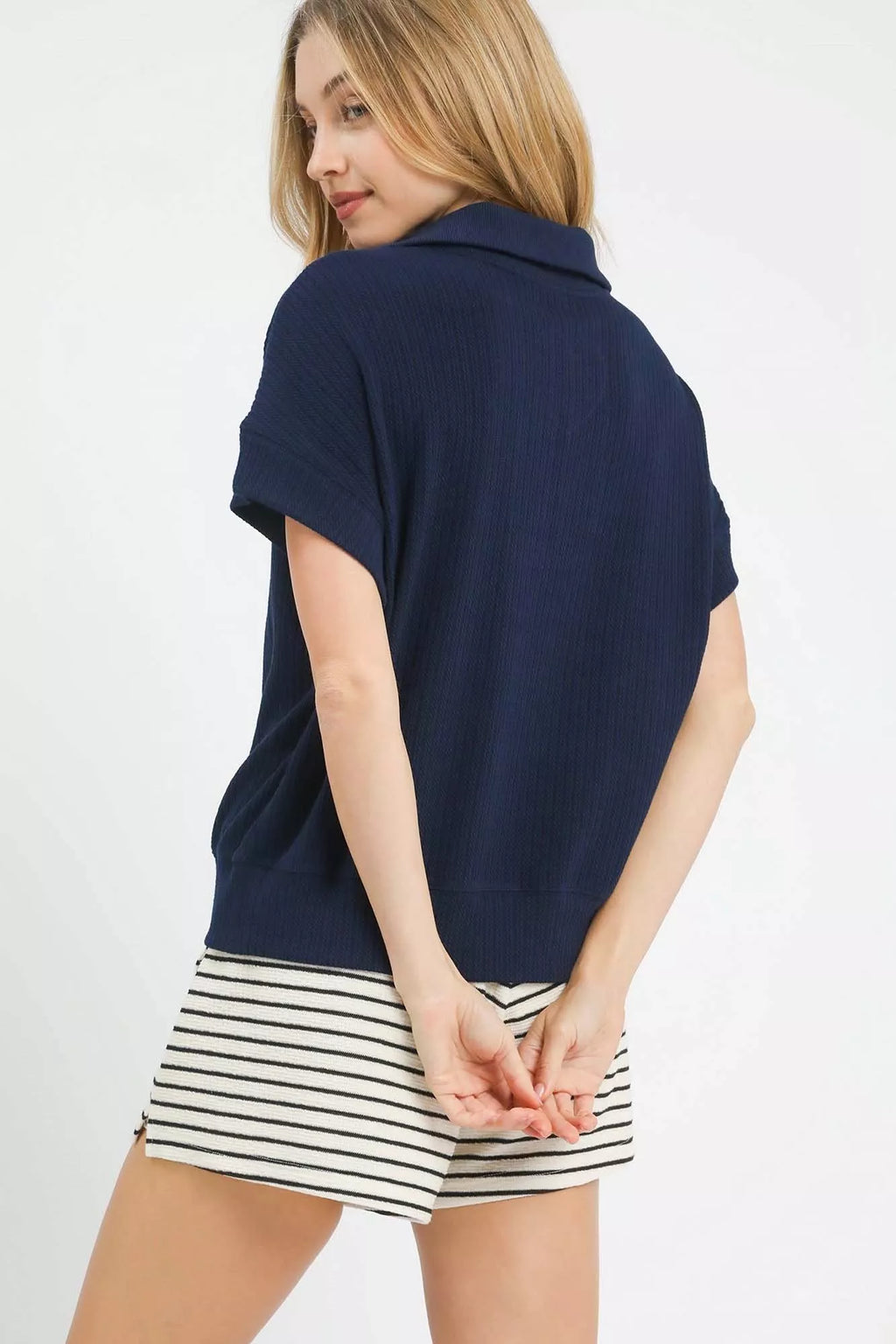 Umgee Knit Top Womens Navy Textured Striped Zip Collar T-shirt 74d49f58-b0c8-4d5f-8b3c-a515328d5248-Max-Origin Trendsi