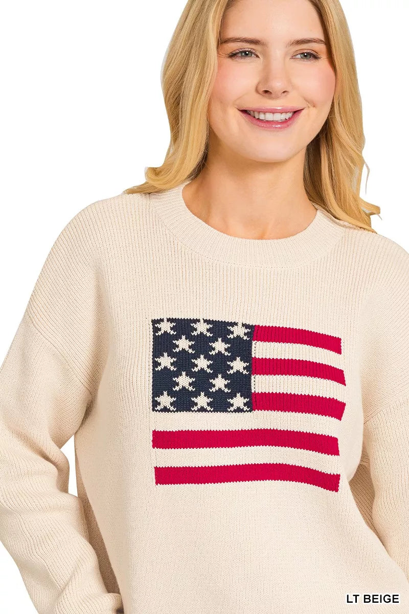 Zenana Womens Cotton Sweater Beige American Flag Crew Neck Pullover 74d5947e065a4130961007220f325e62-Max-Origin Trendsi